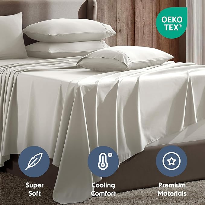 Nestl Extra Deep Split King Sheet Set - 7 Piece Breathable & Cooling Sheets - Hotel Luxury Bedding Set w/18-24 Inch Deep Pockets - Easy & Secure Fit - Super Soft, Wrinkle Free & Comfy - Off White