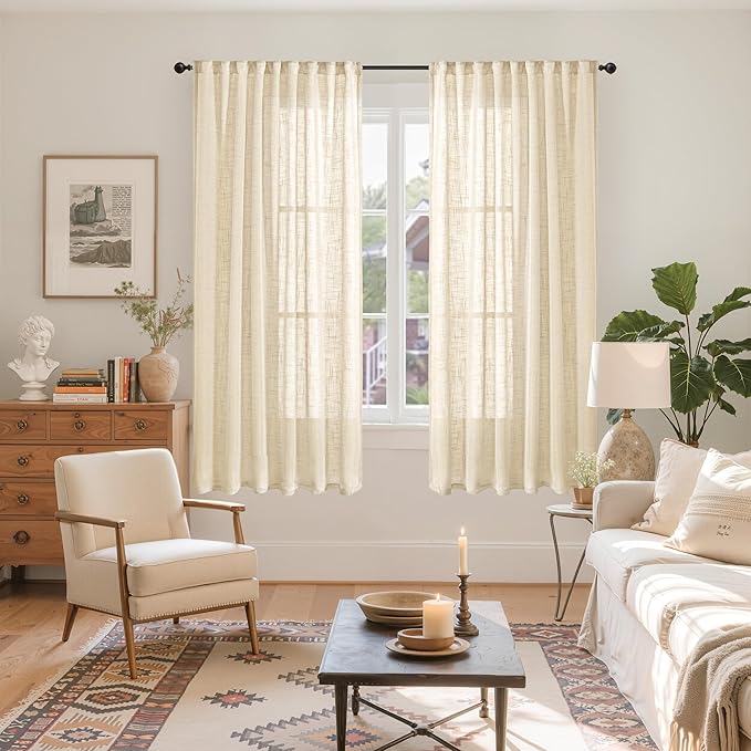 YoungsTex Burlap Linen Semi Sheer Curtains 63 Inch Length for Living Room, Light Filtering Window Drapes Natural Textured with Rod Pocket Back Tab for Bedroom, 2 Panels, 52 X 63 Inch