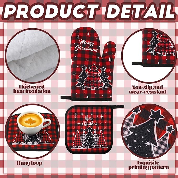 10 Pcs Christmas Kitchen Decor Set Kitchen Towels and Rugs Oven Mitts Pot Holders Absorbent Towels for Baking Cooking BBQ Gifts Home Decor(Red,Christmas Tree)