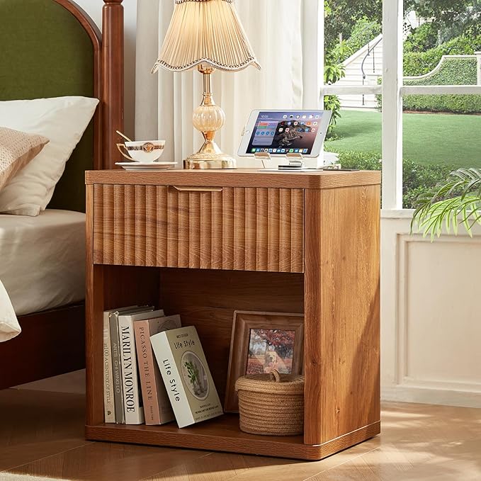 LEYAOYAO Fluted Farmhouse Nightstand Set of 2 with Charging Station, 23" Wide 1 Drawers End Table,Brown Dresser for Bedroom,Bed Side Table Chest of Drawers Cabinet,Wood Night Stand for Living Room