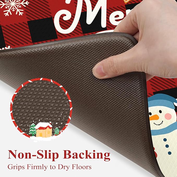 Christmas Kitchen Mats Anti Fatigue - Christmas Kitchen Rugs Sets of 2, Santa Claus Cartoon Buffalo Plaid Farmhouse Floor Mat, Non Slip Cushioned Home Christmas Decorations Gift(Red & Black)