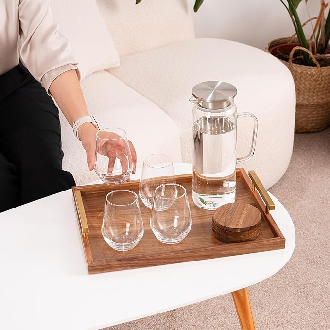 Decorative Ottoman Serving Tray Wooden Rustic (Set of 2), Acacia Brown | Black Sleek Metal Handles | 4 Matching Coasters | Coffee Table Decor | Serving Kitchen Platter (Acacia Brown)