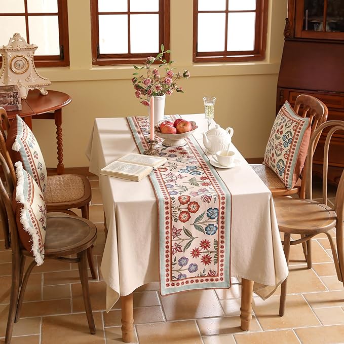 Decorative Linen French Table Runner 71 Inches Long,Green Floral Rustic Runner for Table Decor Tabletop Table Runners for Kitchen,Dining,Tea Party,Home,Christmas,12"*71"