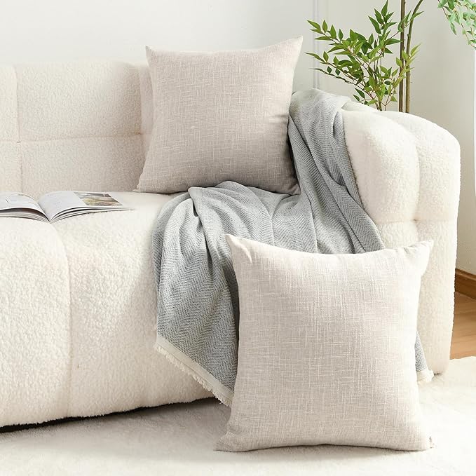 JIUZHEN 18x18 Inch Natural Beige Faux Linen Pillow Covers Set of 2, Farmhouse Rustic Decorative Cushion Covers for Sofa Bed Car, Soft Breathable Washable Zippered Pillowcase
