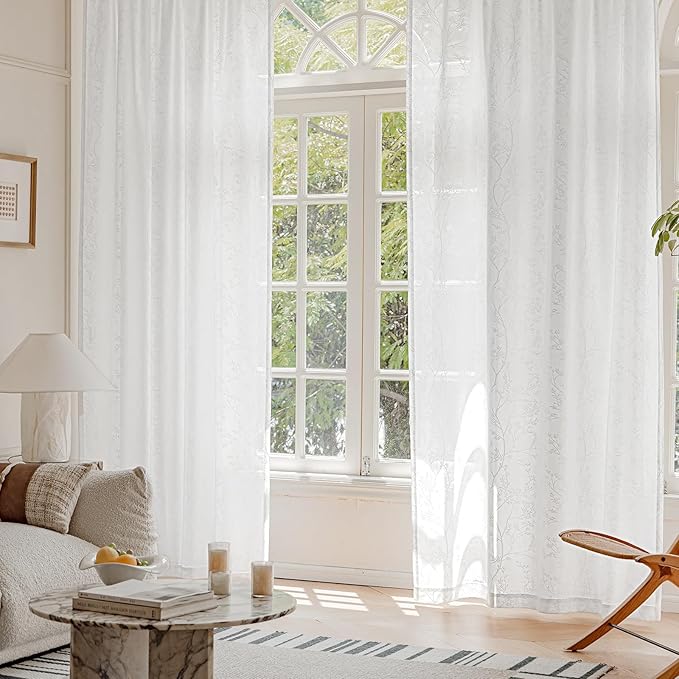 Anmao White Semi Sheer Light Filtering Curtains 54 Inches Long 2 Panels, Branch Pattern Drapes for Living Room Bedroom, Rod Pocket Privacy Window Treatments with Floral Design, 52x54 Inch