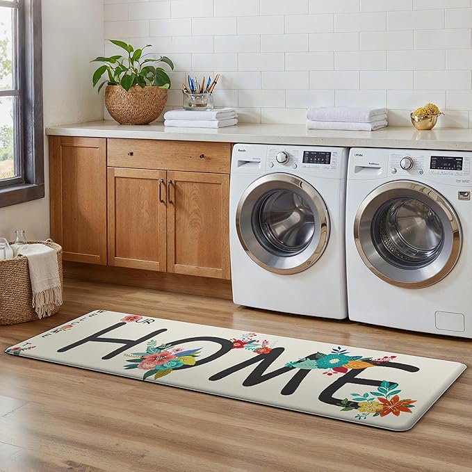GENIMO Anti Fatigue Kitchen Mats for Floor, Non Slip Washable Home Theme Rugs Sets of 2, Farmhouse Cushioned Waterproof Comfort Runner Rug for Kitchen, Sink, Desk, Laundry, 17"x 47"+17"x 30", White