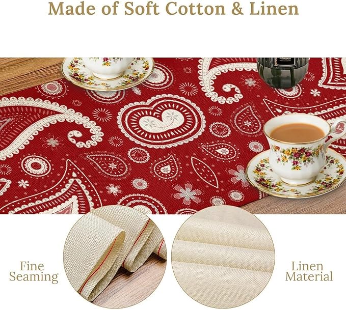 Red Paisley Table Runner, Retro Boho Ethnic Tribal Style Paisley Floral Ikat Pattern Rustic Table Dresser Scarves Table Setting Decor for Garden Farmhouse Dining Kitchen Table Decoration 13x36