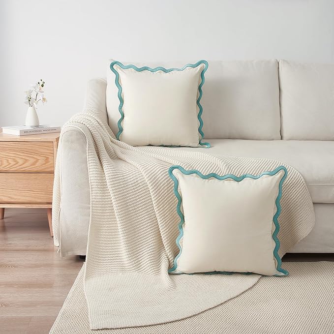 MONDAY MOOSE Decorative Throw Pillow Covers Cushion Cases, Set of 2 Soft Velvet Scalloped Wavy Edge Designs, Mix and Match for Home Decor, Pillow Inserts Not Included (White/Light Blue, 16x16 inch)
