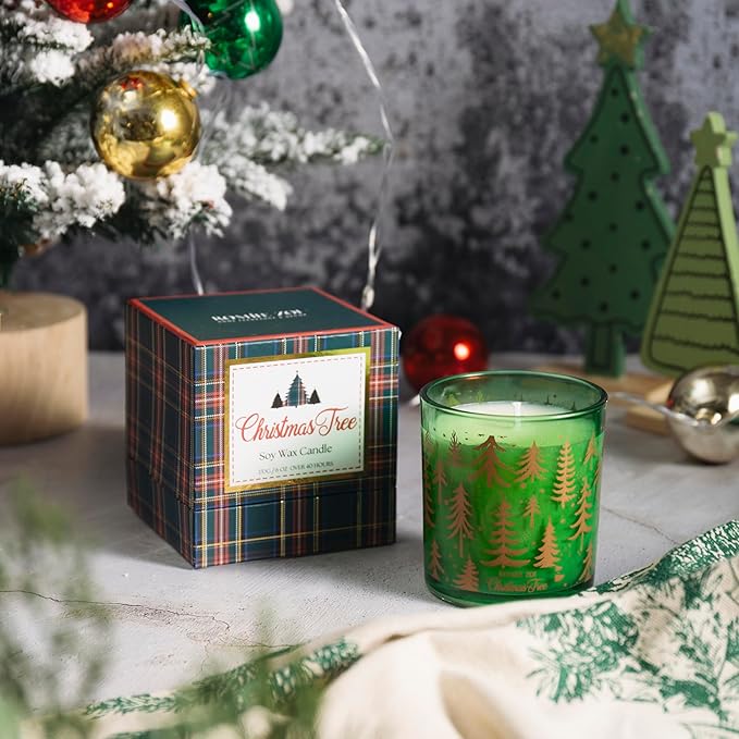 ROMIIE ZOI Christmas Scented Candle - 6oz Soy Wax Candle, Christmas Tree, Infused with Fresh-Cut Spruce Branches Aroma - Scottish Plaid Green and Red Gift Box for Holiday Season Gift