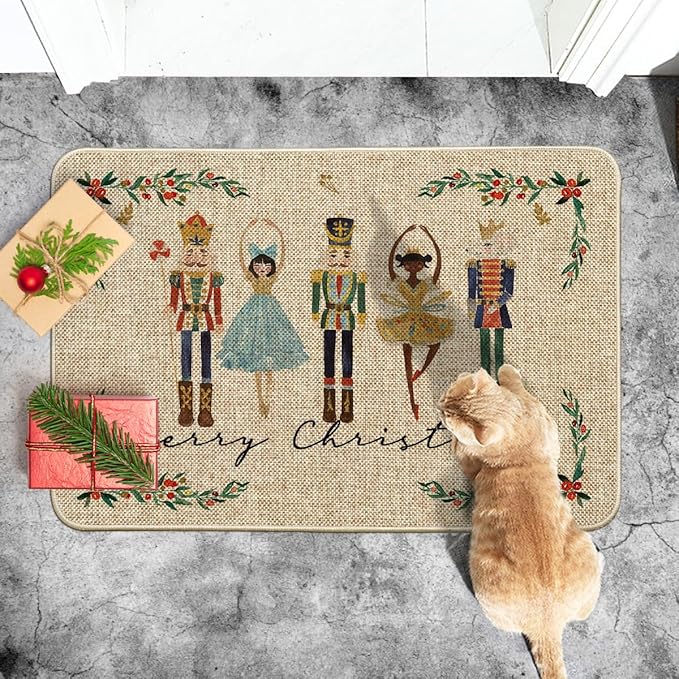 Artoid Mode Watercolor Nutcrackers Merry Christmas Welcome Decorative Doormat, Seasonal Winter Low-Profile Rug Switch Mat for Indoor Outdoor 24x35 Inch