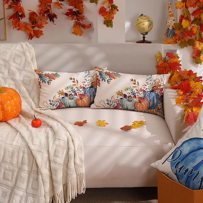DFXSZ Fall Pillow Covers 12x20 inch Set of 2 Blue and Green Watercolor Pumpkin Fallen Leaves Decorative Throw Pillow Covers Autumn Thanksgiving Farmhouse Decoration for Home Couch TH27-E12