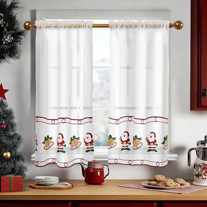 Deconovo Christmas Kitchen Tier Curtains, Embroidered Cafe Tiers, Semi Sheer Window Treatment with Rod Pocket, Light Filtering for Small Windows, Door & Sink Areas, 28W x 36L, Santa Claus, 2 Panels