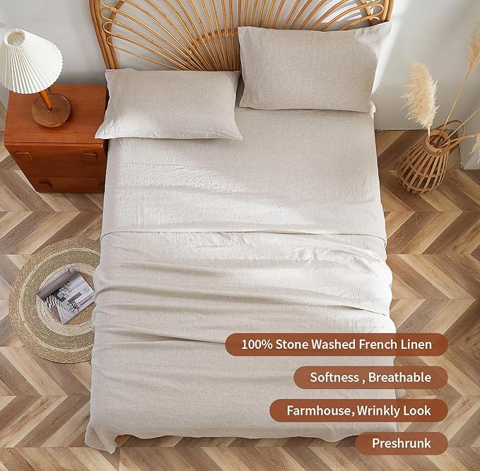 100% French Flax Linen Sheet Set, Bed Sheets Breathable and Durable, 4 Pcs Set - 1 Flat Sheet, 1 Fitted Sheet, 2 Pillowcases, 16 Inch Deep Pocket, All Season (Natural Linen, Queen)