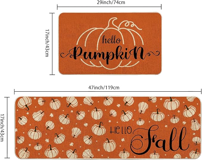 VAKADO Fall Kitchen Orange Pumpkin Mats Rugs Set of 2,for Decor Decorative Home Thanksgiving Pottery Barn Floor Door Bathroom Stain Fade Resistant Non-Slip Rubber Backing Rug(17x29 Inch,17x47 Inch)