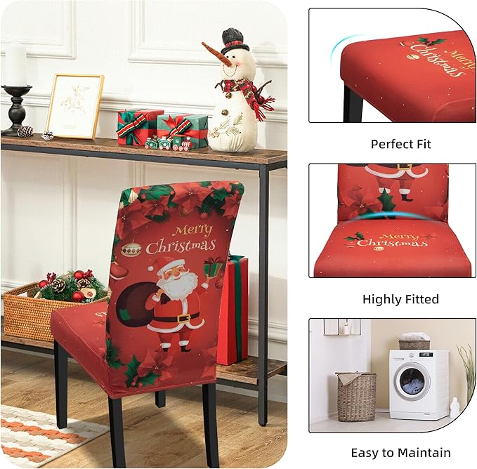 Christmas Chair Covers for Dining Chairs, Dining Room Chair Covers Set of 6, Stretch Parsons Chair Slipcovers, Removable Washable kitchen Chair Cover for Home Hotel Banquet Holiday Decoration