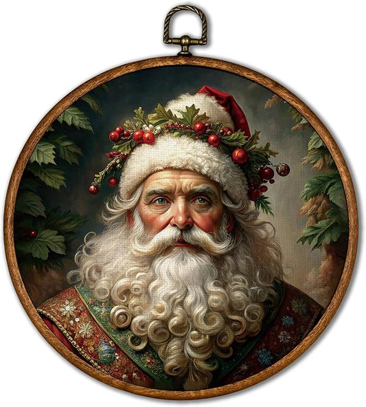 KSDUT Vintage Christmas Wall Decor Art - Retro Santa Claus Wall Art Canvas Frame Hanging Prints, Merry Christmas Xmas Holiday Round Wall Art Decor for Farmhouse Home Decorations 10"x10"