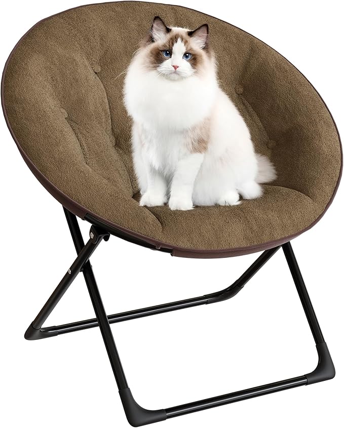Saucer Chair with Faux Fur Cover, Large Foldable Moon Chair for Adults & Teens, Cozy Circle Accent Chair for Bedroom, Living Room, Dorm, Playroom, Soft Folding Gaming Chair for Small Spaces, Brown