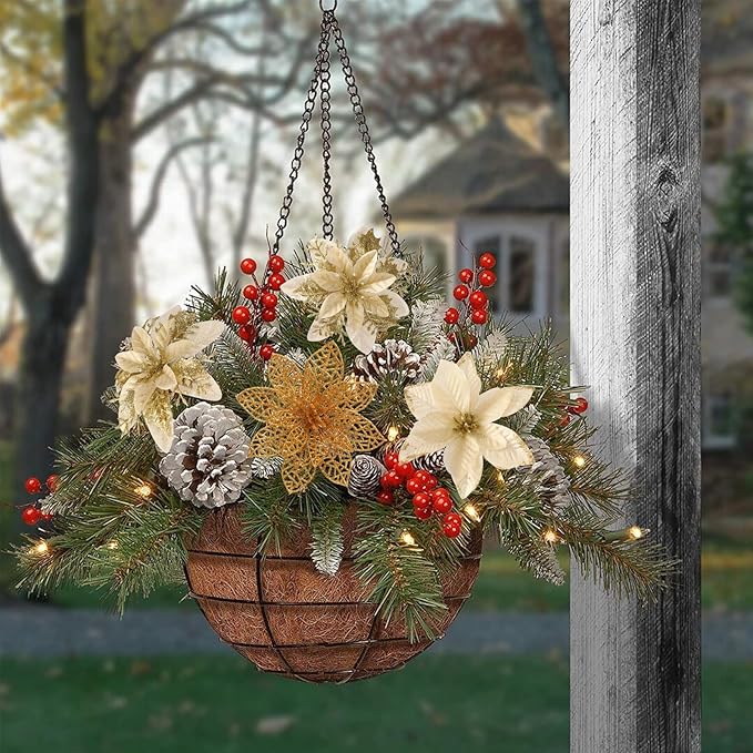 Floweroyal 60pcs Poinsettia Artificial Christmas Flowers Decorations with Clips and Berry Stems Glitter Ornaments for Christmas Tree Wreath Fireplace Stairs Decor (Gold-3 Styles)