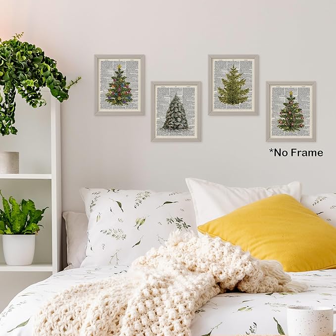 TLESKE Vintage Winter Christmas Pine Trees Posters Prints Unframed Set of 4 for Home Bedroom Living Room, Retro Christmas Pine Trees Wall Art Prints Decor, Aesthetic Winter Wall Pictures, 8x10