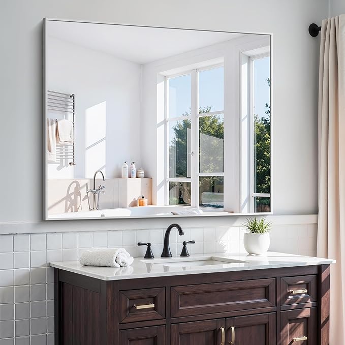 KOCUUY Silver Bathroom Mirror, 40"x48" Large Rectangular Mirror with Metal Frame, Brushed Nickel Vanity Mirror with Modern Design for Bathroom, Living Room, Entryway, Hang Horizontal/Vertical