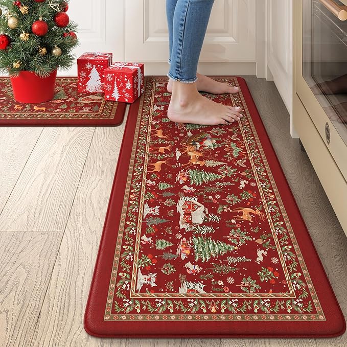 Collive Christmas Snowman Kitchen Floor Mats, Red Winter Xmas Tree Cushioned Anti Fatigue Kitchen Rugs 2 Piece Waterproof Elk Sled Sink Mat, Non Slip Foam Comfort Standing Desk Rug for Home Decor