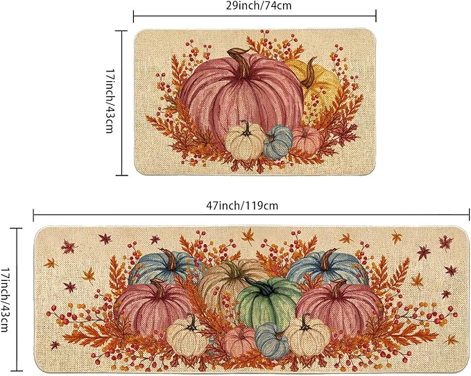 VAKADO Fall Kitchen Pumpkin Rugs Mat Set of 2, Home for Decor Door Front Floor Decorations Leaf Stain Halloween Thanksgiving Fade Resistant Non-Slip Rubber Backing Rug (17x29 Inch,17x47 Inch)