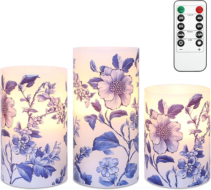 Flameless Candles Blue and White Porcelain Floral Chinoiserie Decor Battery Operated with Remote Real Wax Dripless Candle Vintage Decorative for Christmas Gift Wedding Home Party Decor