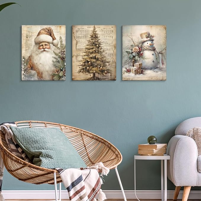 DSHFG Vintage Christmas Wall Art Decor, Retro Christmas Santa Trees Wall Decor Canvas Set of 3, Retro Christmas Decorations for Home Kitchen Bedroom Bathroom Living Room, 14x11 Inch Framed