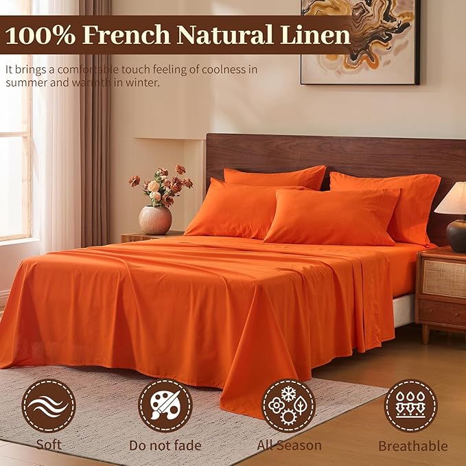 MEISHANG 100% French Pure Linen Sheets Queen Size - Bed Sheets 4 Piece Sets, Soft Durable Flax Linen, Anti-Tear Breathable Oeko-Tex Certified with 16" Deep Pocket (Orange)