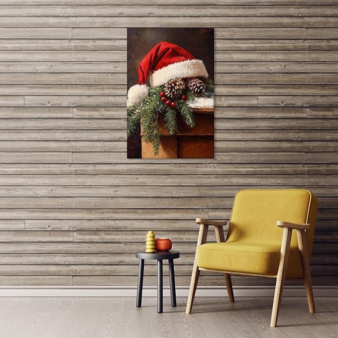 Vintage christmas wall art santa hat painting pine cone winter cottagecore canvas poster for christmas home decor bedroom living room Framed8x12inch