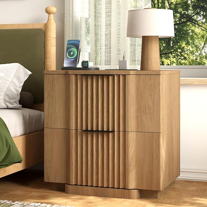Yechen Fluted Nightstand with 20W Fast Charging Station - Modern Farmhouse Wood Night Stand with 2 Storage Drawers, Large Wide Bedside End Table for Bedroom with Curved Profile Base, Natural Oak