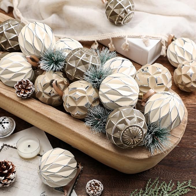 Syhood 24 Pcs Neutral Textured Christmas Ball Ornaments 2.4 Inch Vintage Xmas Tree Decorations Rustic Distressed Xmas Baubles Antique Farmhouse Modern Christmas Decor for Tree Home (Brown)