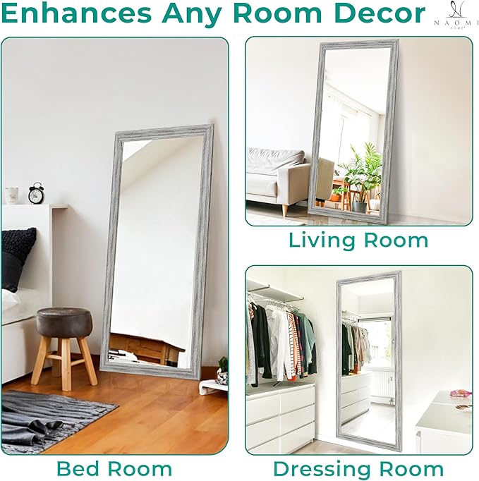 Naomi Home Farmhouse Full-Length Mirror with Wood Frame – Rustic 66"x32" Large Floor Mirror, Elegant Full Body Standing or Wall Mirrors, Rustic Wood Full Length for Bedroom - White