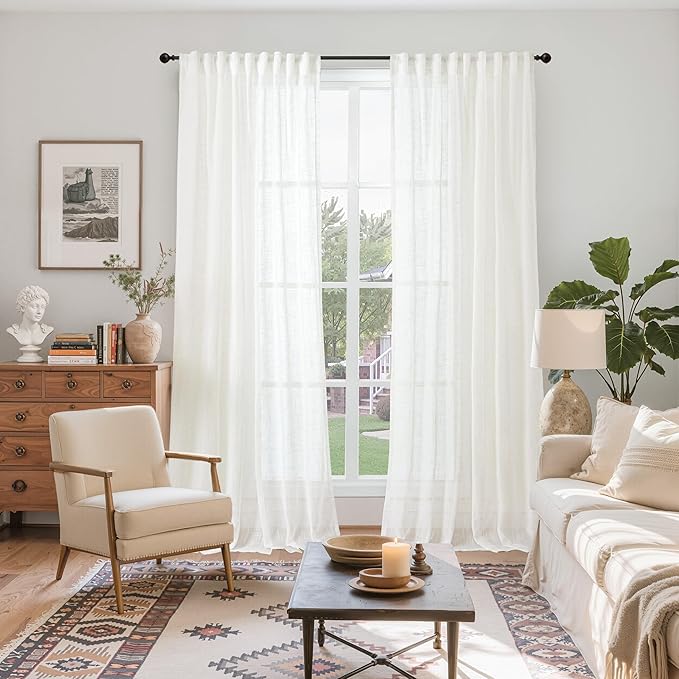 YoungsTex Linen Semi Sheer Curtains 84 Inch Length 2 Panels for Living Room, Ivory White Window Treatments Netural Texutred Light Filtering Drapes with Rod Pocket Back Tab for Bedroom, 52 X 84 Inch