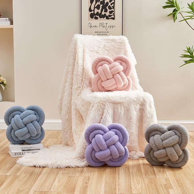 Xiashrk Knot Pillow Ball, 12" Soft Decorative Throw Pillows for Couch Bed, Purple Knotted Plush Throw Pillow Handmade Square Cushion Home Couch Decor Pillows for Living Room