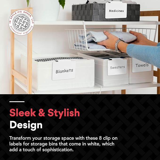 Labels for Storage Bins | Metal Storage Bin Clips (2.5โ x 3.5โ) - Set of 8 Basket Clip On Tags for Storage Bins w/Non-Slip Grip Pads & Dry Erase Marker - Removable Bin Labels for Storage Baskets