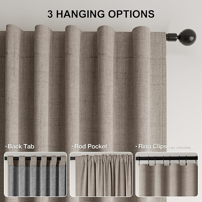 100% Blackout Curtains for Bedroom, Thermal Insulated Curtains 63 Inch Length Curtain 2 Panels, Luxury Soft Farmhouse Linen Textured Full Light Blocking Room Darkening Drapes, W52xL63, Brown