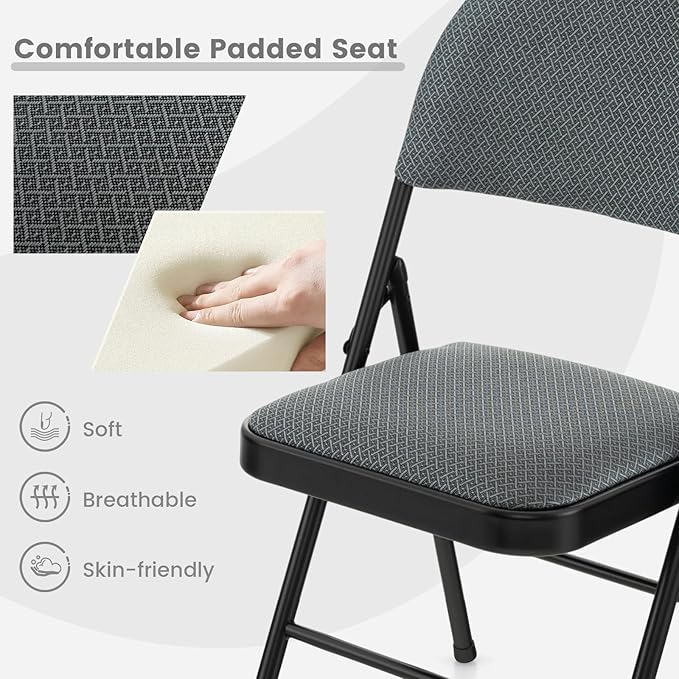 POWERSTONE Folding Chairs 4 Pack, Foldable Chair Set with Padded, Handle Hole and Metal Frame Dining Chair Set for Indoor and Outdoor, School, Office and Garden Party (Grey)
