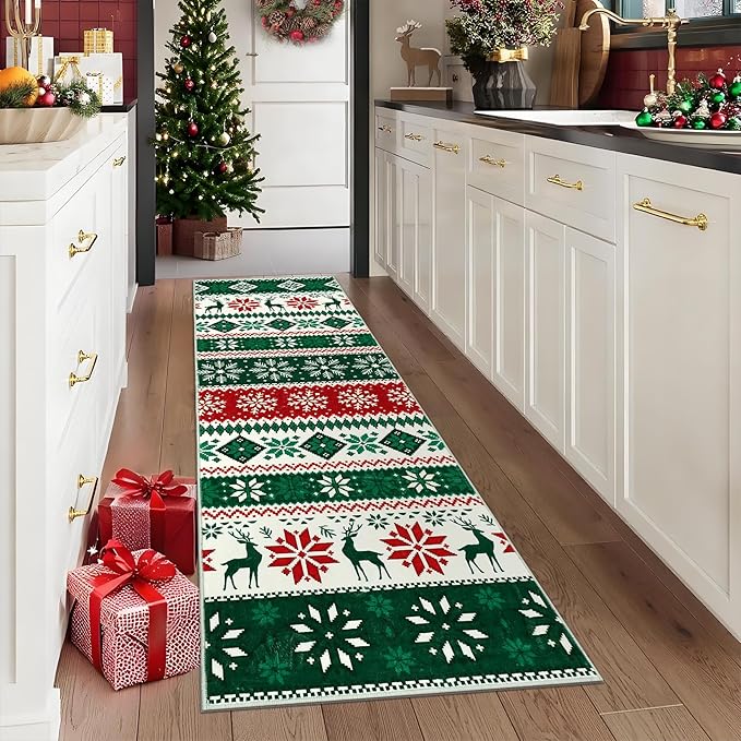 Hallway Runner Rug 2x6 Washable Christmas Runner Indoor Non-Slip Xmas Decorative Throw Floor Covers Boho Accent Festival Xmas Rug Farmhouse Rug Geometric Carpet for Living Room Bedroom, Green