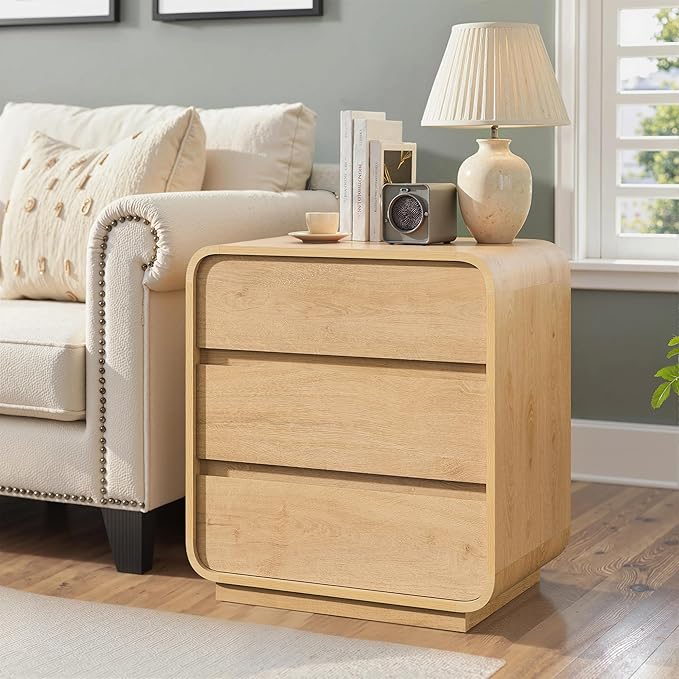 Modern Nightstand, 25" Tall Wood Bedside Table with Charging Station, 3 Drawers Dresser Side Table, Large End Table Night Stand for Bedroom, Office, Sofa, Curved Profile Design, Natural