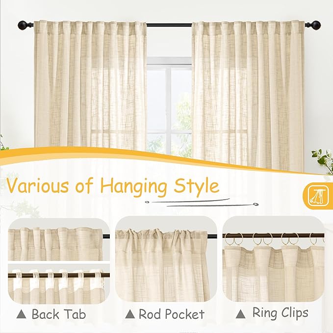 YoungsTex Natural Linen Semi Sheer Curtains 63 Inch Length for Living Room Window, Burlap Light Filtering Drapes Rustic Textured with Rod Pocket Back Tab for Bedroom, 2 Panels, 42 X 63 Inch