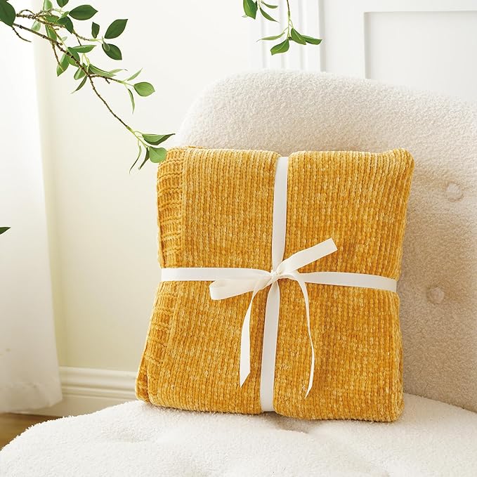 BATTILO HOME Mustard Yellow Throw Blanket for Couch, Knit Gold Chenille Throw Blanket for Sofa,Chair, Soft Cozy Spring Blanket for Bed,Home Decor, 51"x67"