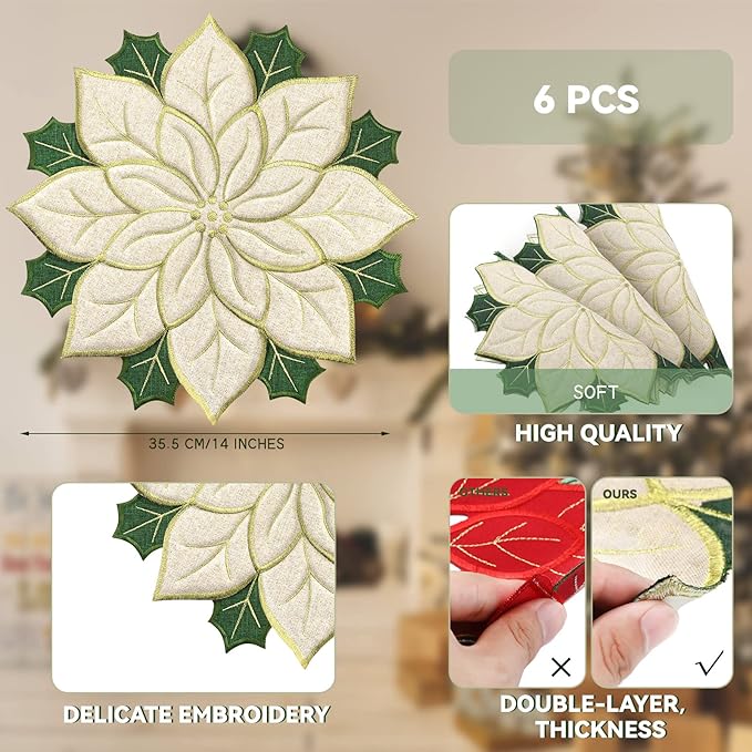 Christmas Placemats Set of 6 Christmas Embroidered Placemats 14 x 14 Inch Round Elegant Double Layer Appliqué Poinsettia Xmas Flower Place Mat Table Decorations for Home Dining Holiday