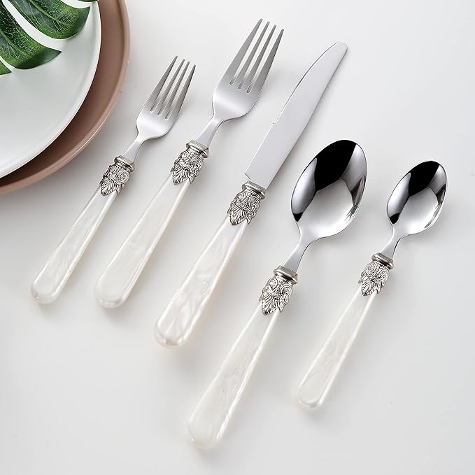 REVERIE Collection 18/10 Stainless Steel Vintage Flatware set,Sliverware set,Dishwasher safe (30, Pearl White)