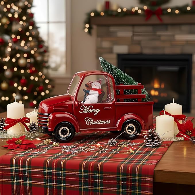 Snowman Christmas Snow Globes Red Truck Carrying Christmas Tree Water Lantern, 8 Christmas Music, Holiday Decorations Gifts for Family, Children or Friends