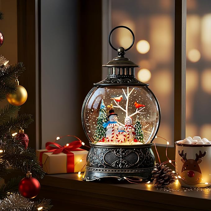9.8" Christmas Snow Globe Water Lantern with Joy and Snowman Family Scene Battery Operated or USB Powered Musical Lighted Holiday Decoration for Tabletop Display for Family and Friends