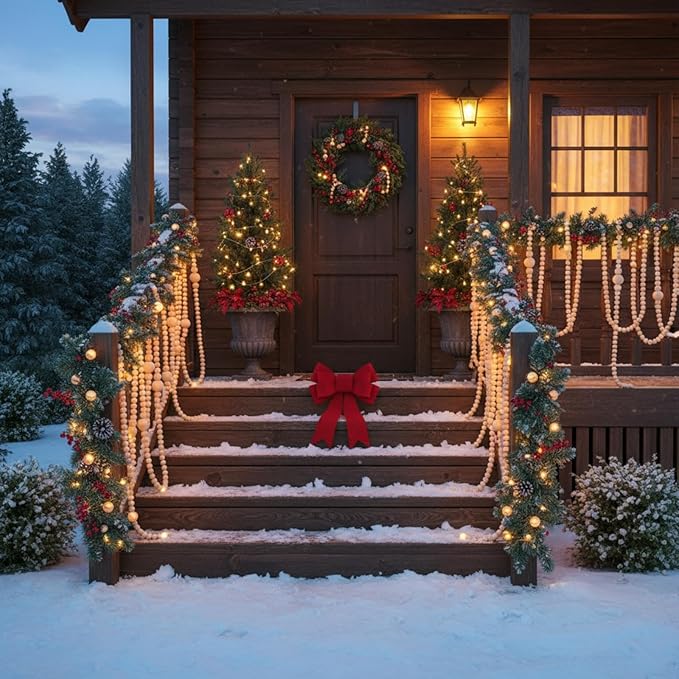 12 Feet Christmas Wooden Beads Garland Round Craft Farmhouse Vintage Wood Bead Garlands for Xmas Decoration Supplies(Natural Color)