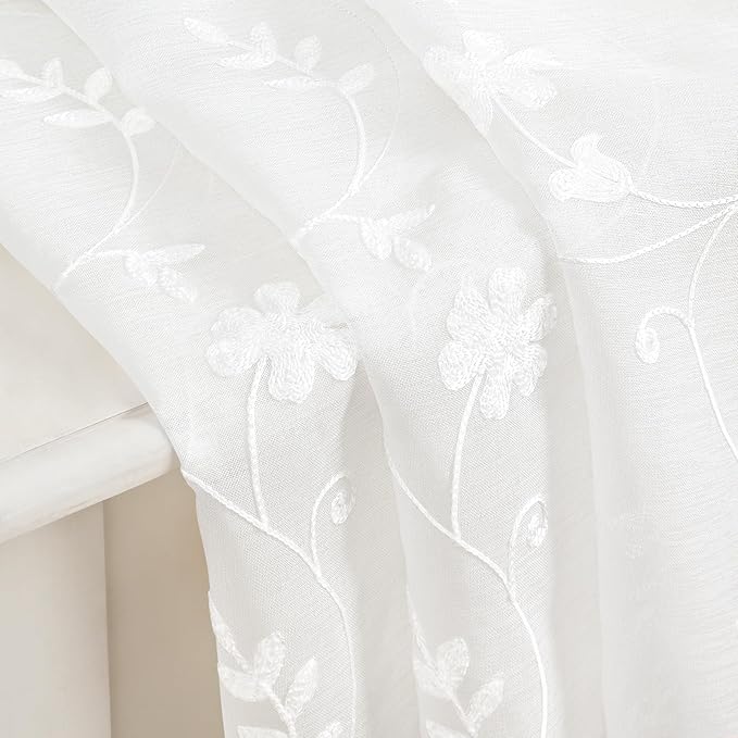 HOMEIDEAS White Sheer Curtains 96 Inches Long 2 Panels White Embroidered Floral Pattern Semi Sheer Window Curtains for Bedroom Living Room