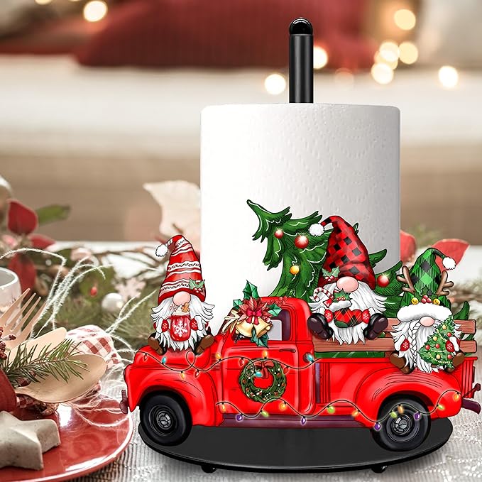 Christmas Paper Towel Holder Large Christmas Gnome Truck Kitchen Decor Accessories Metal Paper Towel Holder Stand Xmas Farmhouse Rustic Indoor Home Bathroom Kitchen Living Room Decor for Countertops
