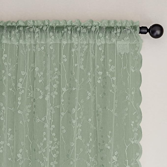 Sage Green Lace Semi-Sheer Curtains 2 Panels – Vintage Branch Pattern for Bedroom/Kitchen, Rustic Privacy Light Filtering Rod Pocket Drapes, Elegant Chic Window Treatments, 52W x 45L Inch